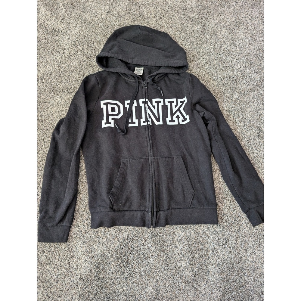 PINK Victoria's Secret Black Full Zip Hoodie White Logo Sweatshirt Womens Medium